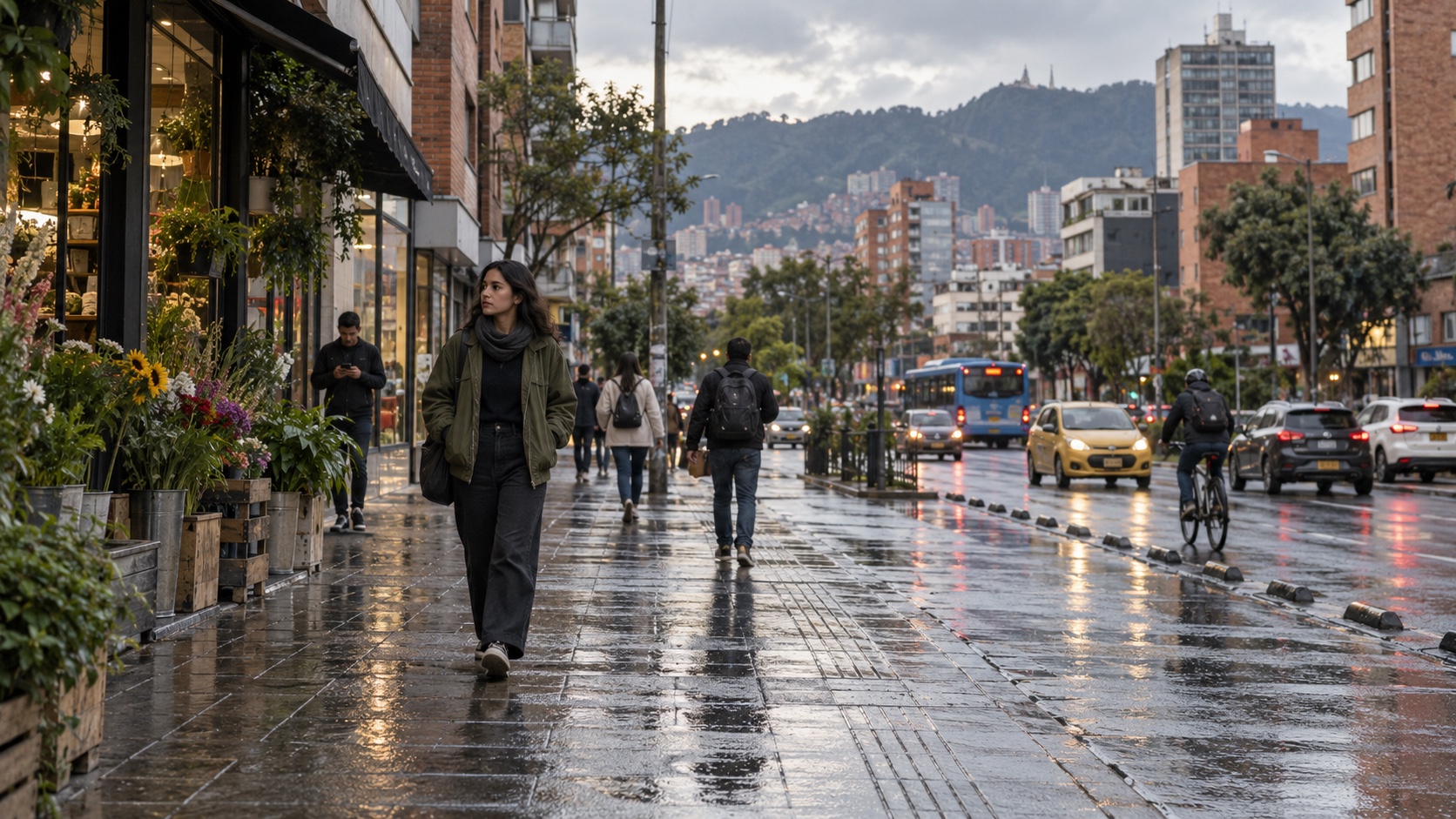Escena urbana en Bogotá después de la lluvia, antes de aplicar el look